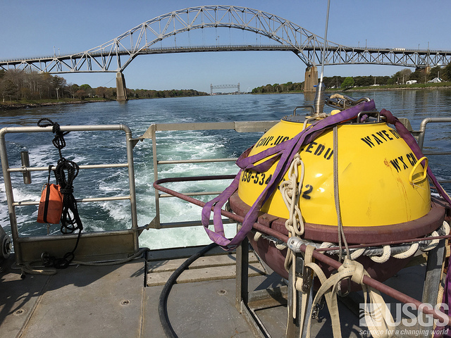 Wave Rider buoy in aft of ship being taken to deployment location in Cape Cod Bay