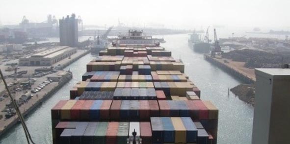 View of cargo on a ship from the bridge.  Photo Credit: NOAA/