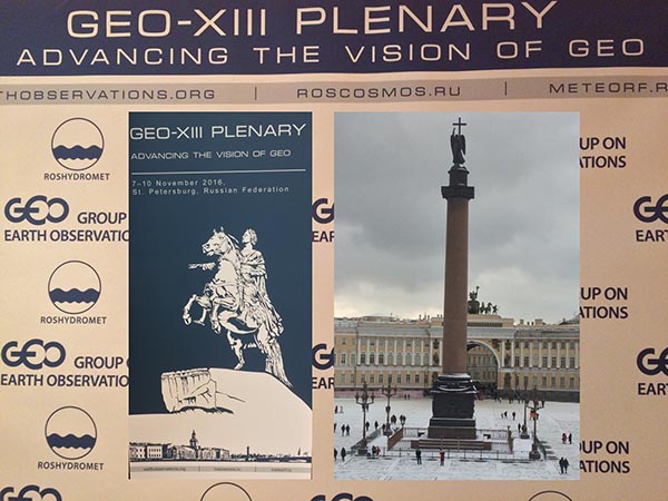 GEO-XIII Plenary with inset images of Palace Square in the snow and the GEO Poster.