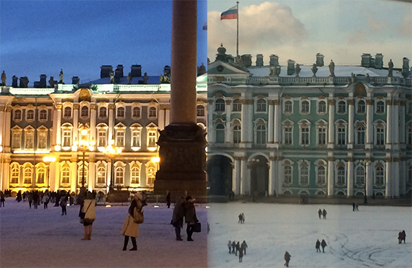 Night and Day comparison of the Winter Palace in the snow