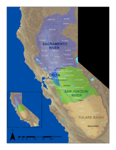 The San Francisco Estuary includes the  drainage basins for the Sacramento and San Joaquin rivers. (Click graphic for expanded view.)