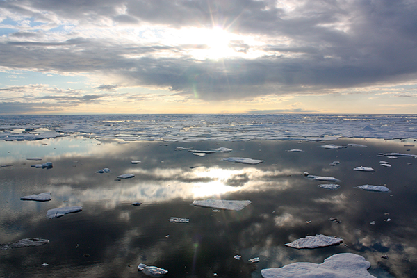 sea ice on the  chukchi sea with low sun shining through clouds