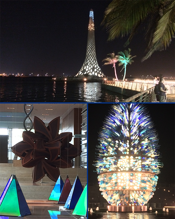 Art around KAUST. Clockwise: the Beacon, a naturally-cooled lighthouse and gathering place at the harbor entrance to KAUST; the King Abdullah Monument, the Murano glass centerpiece of King Abdullah Monument Park on the KAUST campus; and ‘Mathematical Spaces’, representing Applied Mathematics and Computational Sciences and ‘Colorful Pyramids’, representing the Material Sciences and Engineering, sculptures inside the Revival of Islamic Sciences Museum.