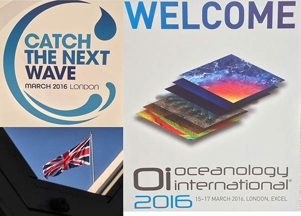 Collage of Catch the Next Wave banner, Oceanology Int'l banner, and photo of union jack flag.