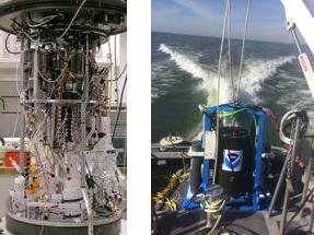 Left: 2G ESP core. In 2015 NOAA GLERL purchased an ESP using Great Lakes Restoration Initiative funds. Right: NOAA GLERL deploying the 2G ESP in the custom ‘lander’ housing in western Lake Erie for daily articulate microcystins measurements.