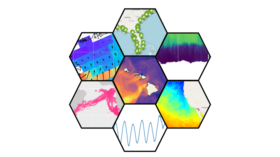 Seven hexagons each showing a different map or model