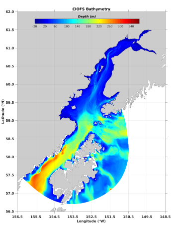 color model image showing bathymetry in the region of Cook Inlet, Alaska.