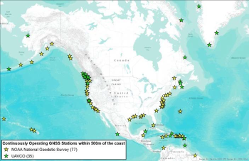 yellow and green stars along the coast of the US showing the locations of GNSS stations.