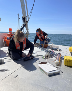 two researchers on deck preparing to deploy scientific equipment in the Maryland Wind Energy Area.