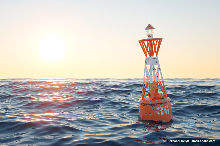 An orange and white buoy bobs at the surface in open water at sunset.