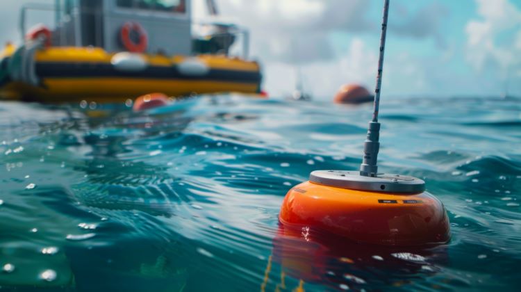 Concept illustration of smart buoys gathering ocean data. A round orange buoy bobs in the water with a larger buoy platform and other round orange buoys in the background.