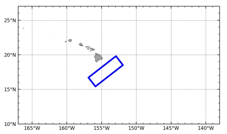 The planned hurricane tracks for two gliders that will be deployed ~200 nm SSE of the Island of Hawaii during the 2025 Pacific hurricane season.