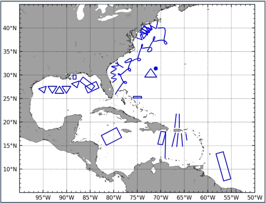 The planned hurricane glider tracks for the 2025 Atlantic hurricane season.